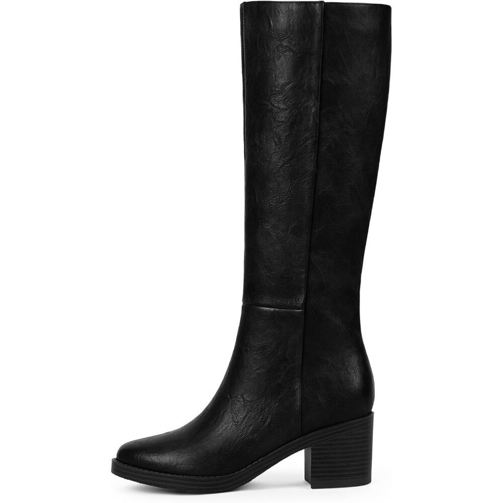 Women's Retro Black 2.56" Chunky Heel Round Toe Side Zipper Knee High Boots - Picture 4 of 7